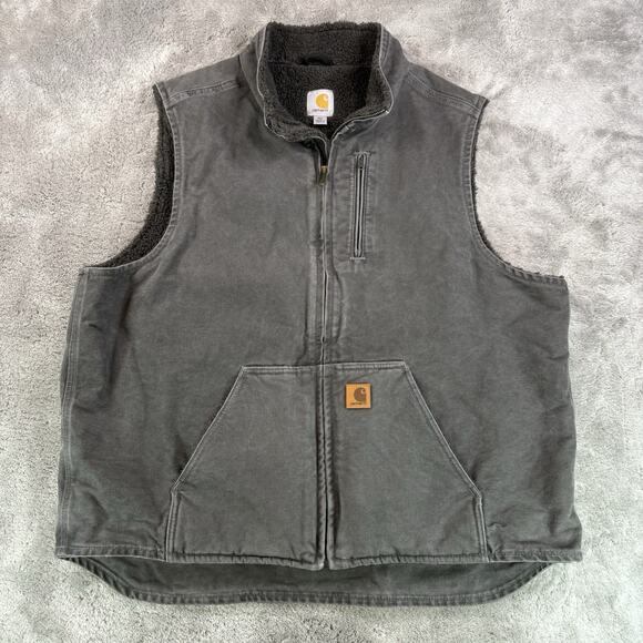 Carhartt Mens Sherpa Lined Duck Canvas Vest V33 GVL 2XL Tall Gray Full Zip Chore - Picture 1 of 9
